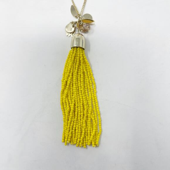 Ann Taylor LOFT Gold Tone Yellow Beaded Tassel Long Necklace Leaf Dangle Pendant - Picture 2 of 6